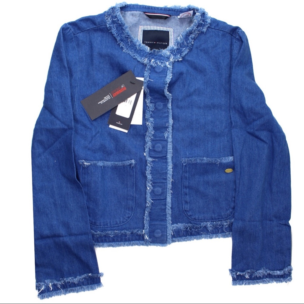 Tommy Girls Open Hem Frayed Magnetic Button Denim Jean Jacket M (8-10) NWT